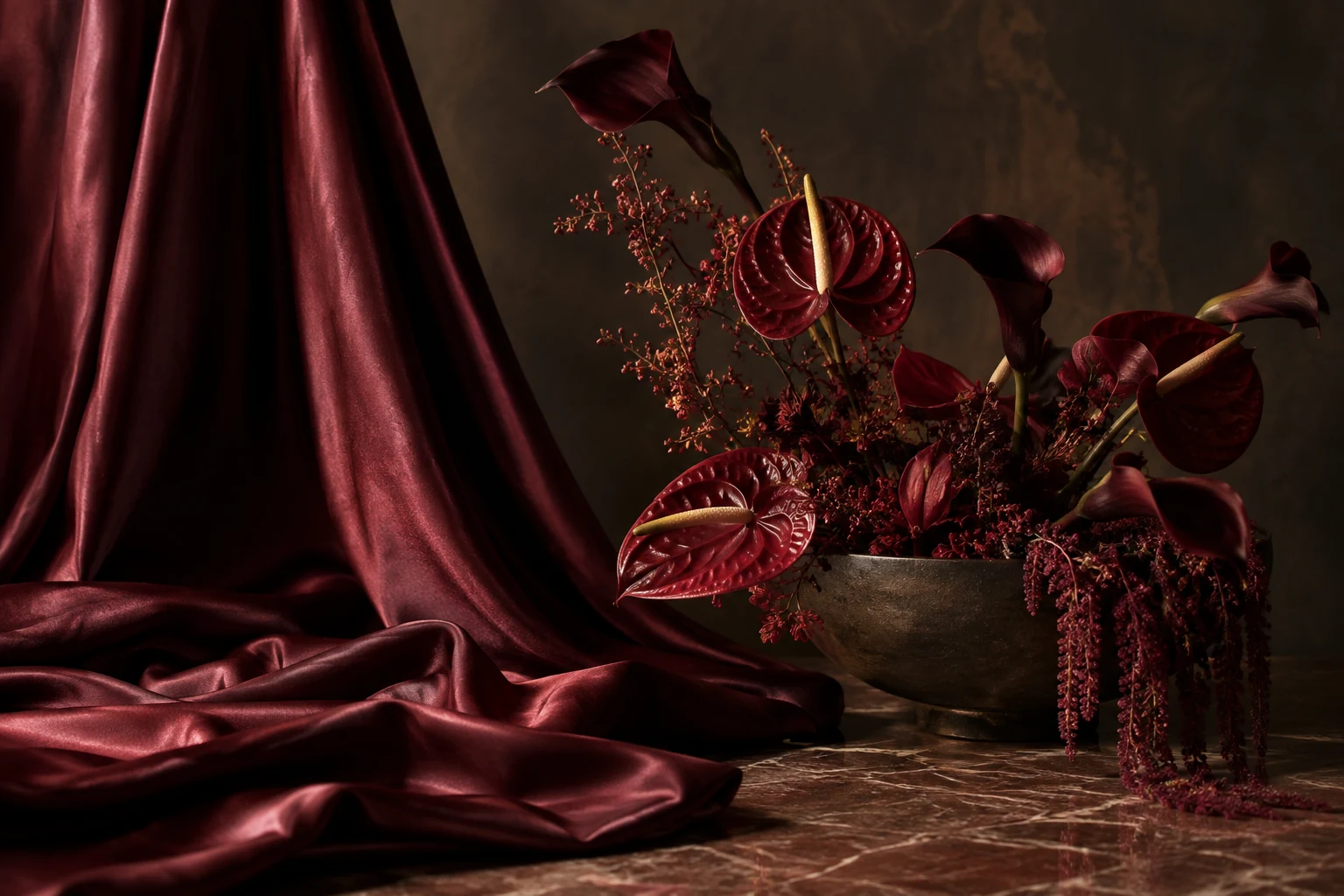 Burgundy florals and sculptural drapery, an editorial direction for Vedika